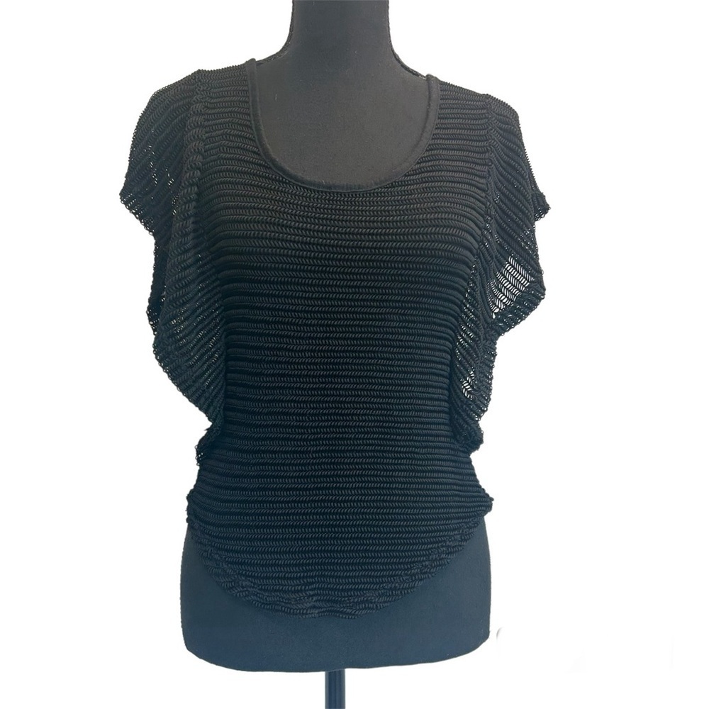 Discreet black mesh semi sheer ruffle frill sleeve blouse top stretchy